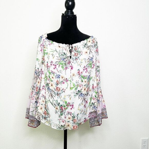 Hale Bob Women’s Off Shoulder Bell Sleeve Floral Top Size L - Picture 1 of 16